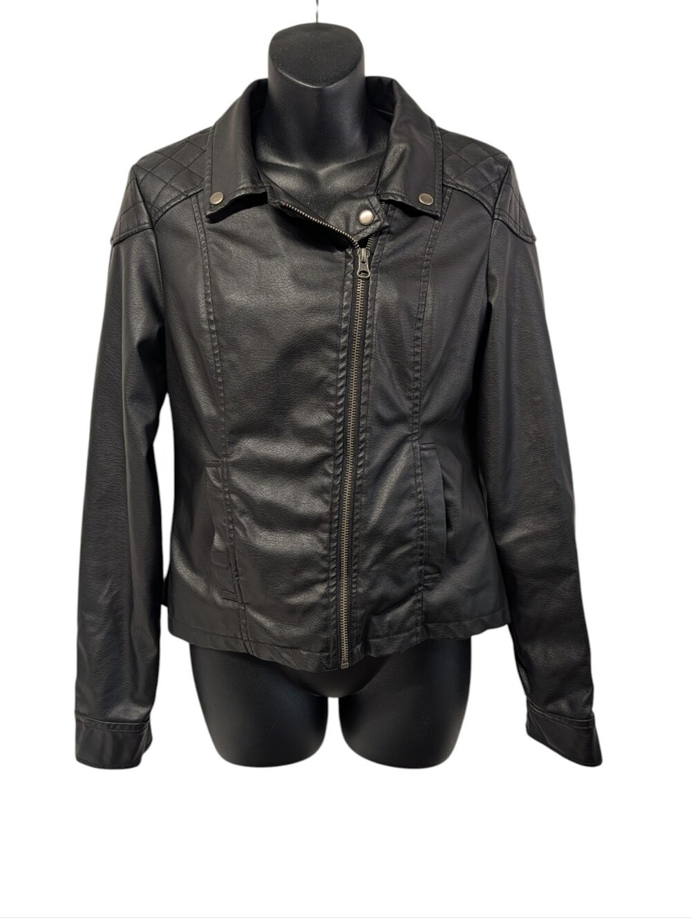 rue21 Womens Black Faux Leather Peplum Moto Jacket Size M Zip Up Lined Pockets